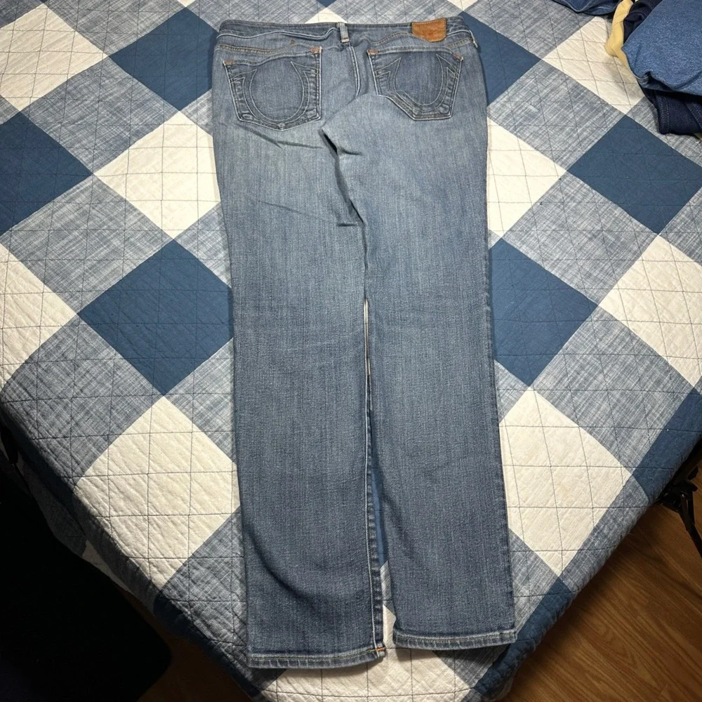 True Religion Brand Jeans Mens 32 Straight Leg Blue Denim Made in USA Low Rise